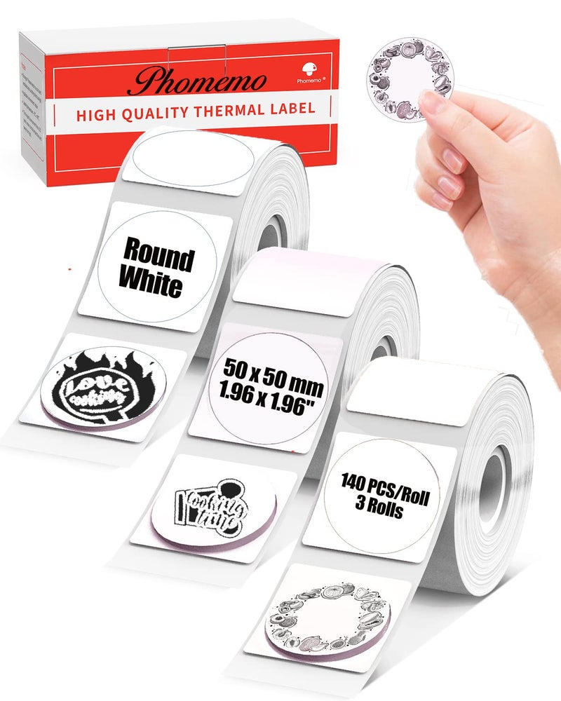 Memoking ملصقات دائرية M220 بيضاء M110 - 50 مم × 50 مم/1.96 بوصة، ملصقات دائرية لملصقات الطابعة M110 M220 M221 M120 M110S، ملصقات حرارية متوافقة مع ورق الطابعة Phomemo M110 M220 - 140 قطعة/لفة 3 لفات. - Image 1